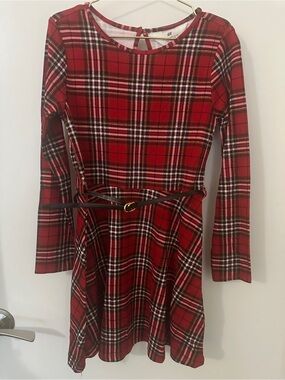H&M Girls Red Plaid Fit & Flare Dress with Belt Size 6X/7